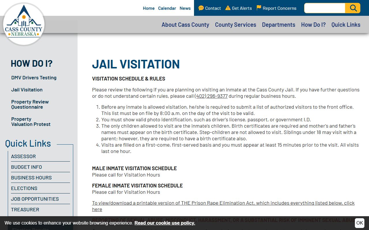 Cass County Jail visitation rules and inmate visit schedule