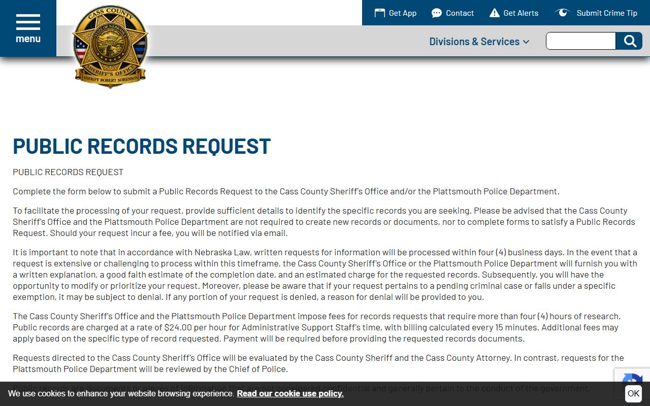 Cass County Jail records request form for inmate records
